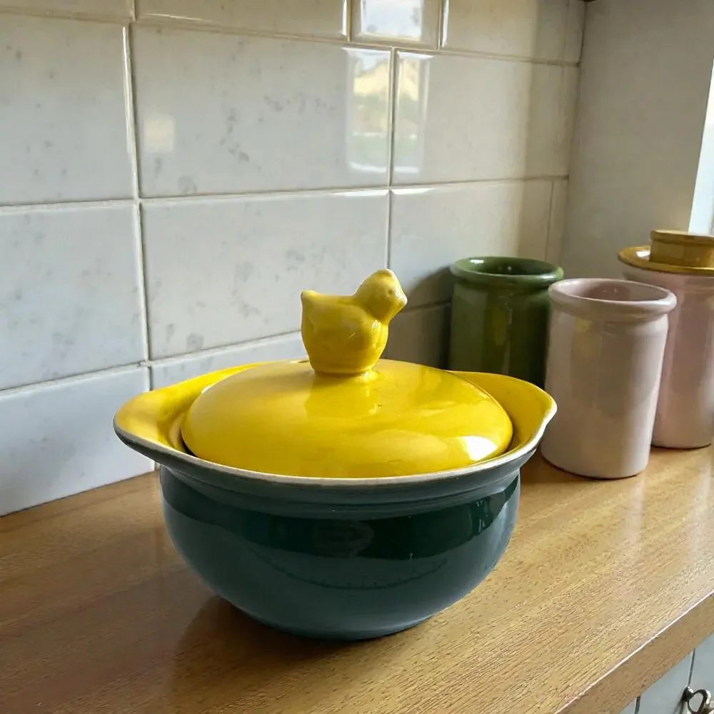 Vintage Hall China Green Yellow Covered Individual Casserole Chick Finial Lid